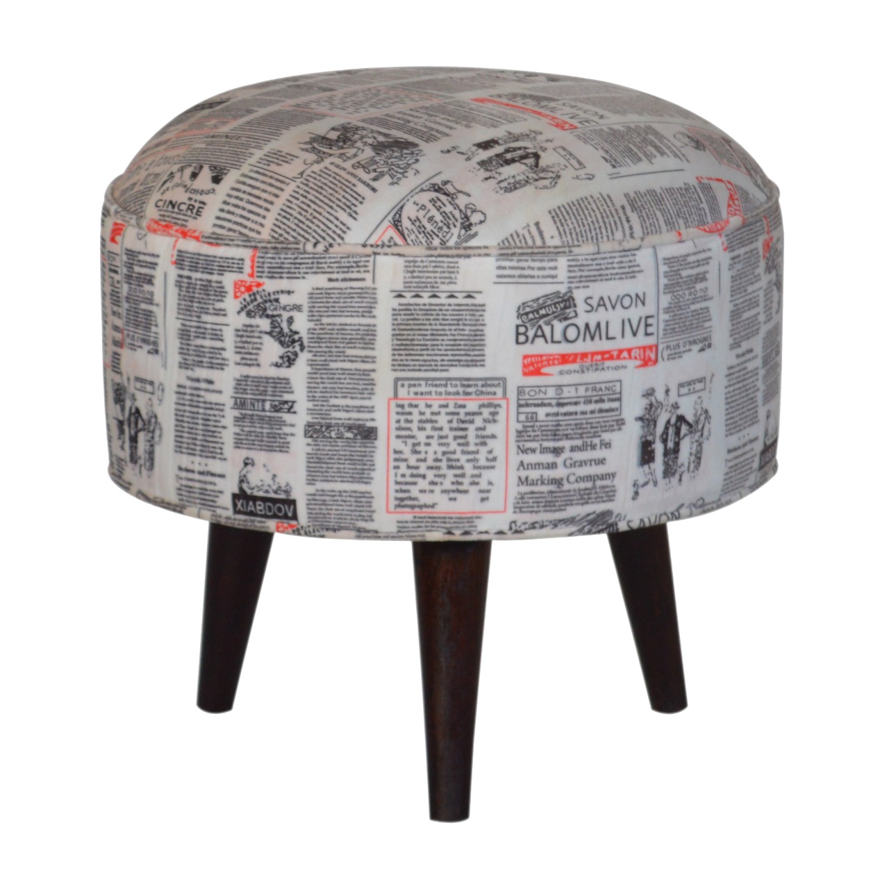 IN1018 - Round Footstool with News Print Velvet - Image 3