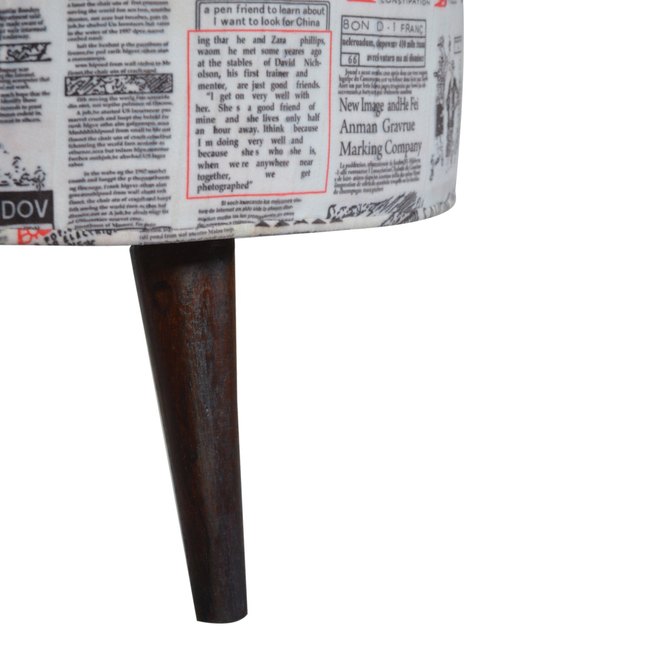 IN1018 - Round Footstool with News Print Velvet - Image 8