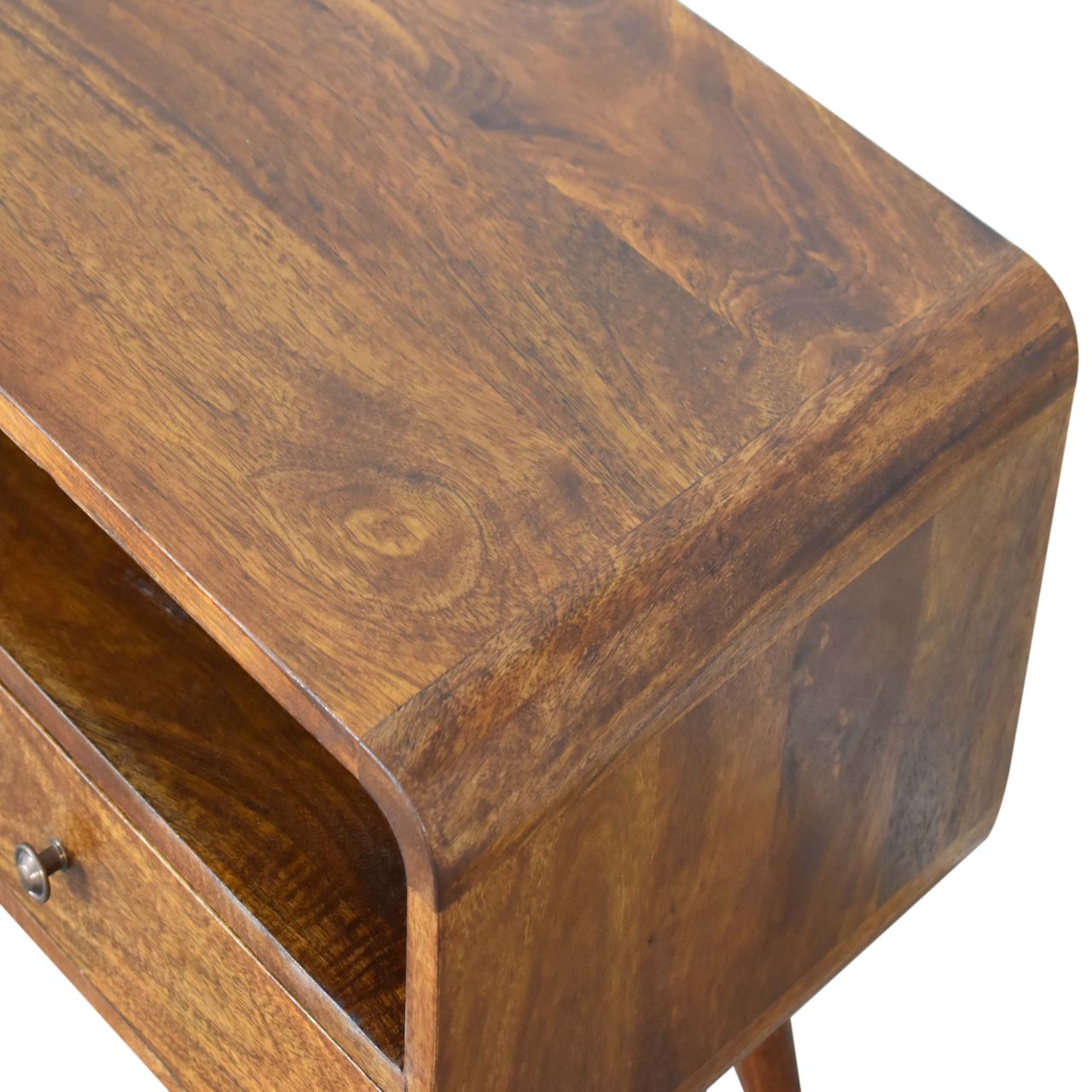 in1607 curved chestnut media unit with cable access