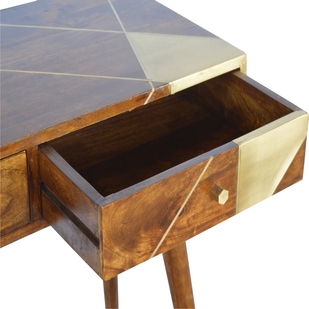 in431 gold geometric chestnut console table
