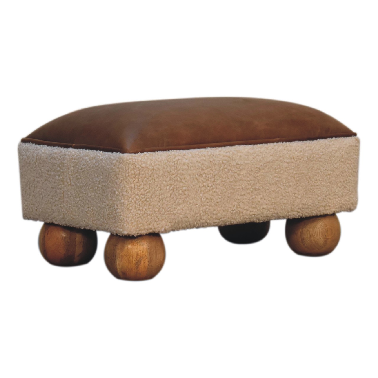 in3498 tan buffalo leather boucle footstool with ball feet
