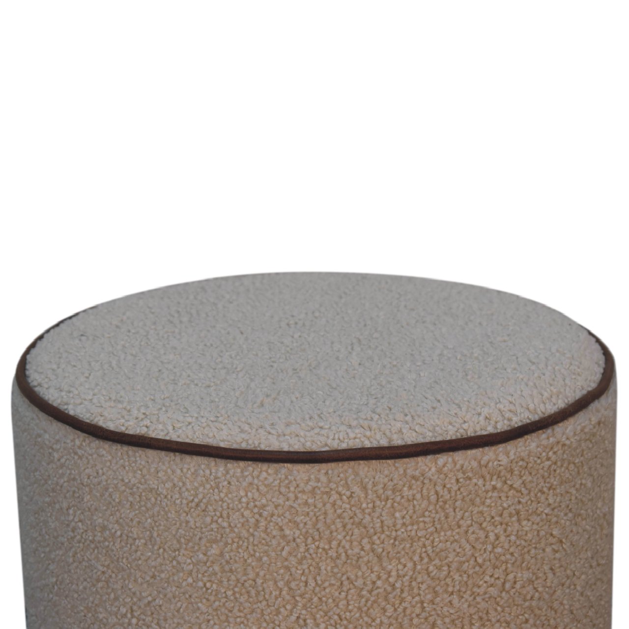 in3503 boucle round footstool with bufallo leather piping