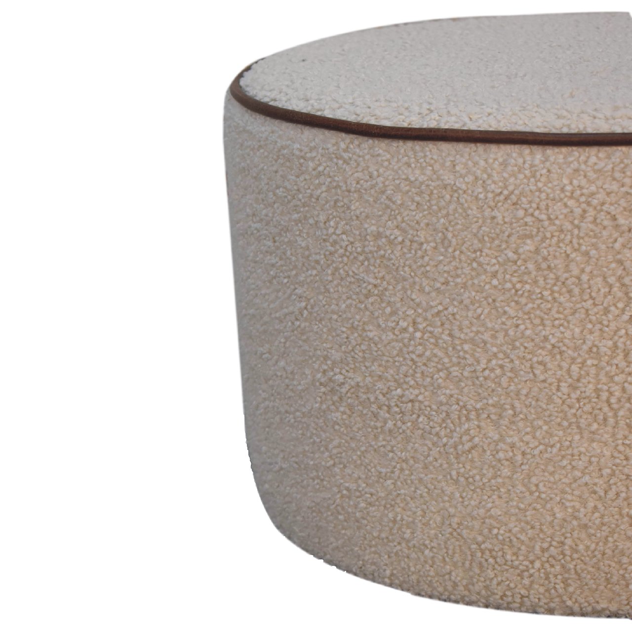 in3503 boucle round footstool with bufallo leather piping