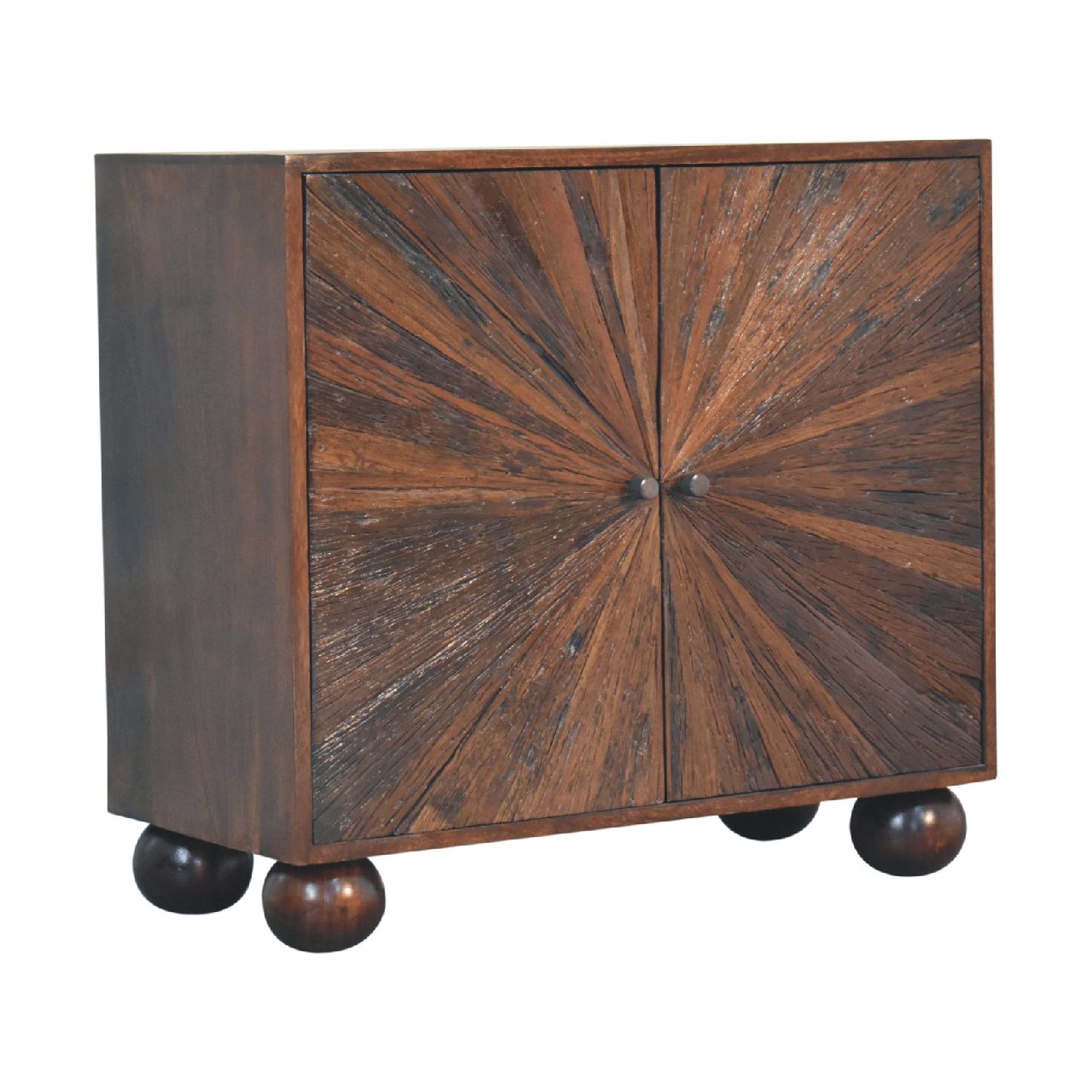 Wooden cabinet with radial pattern on spherical feet.