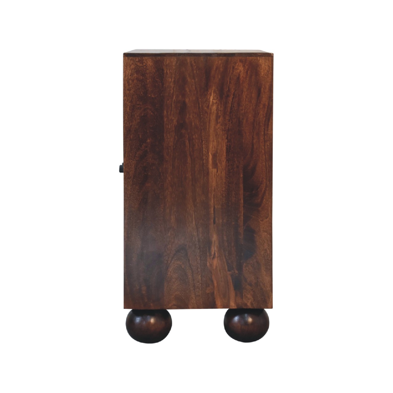 Wooden cabinet on spherical feet against white background.