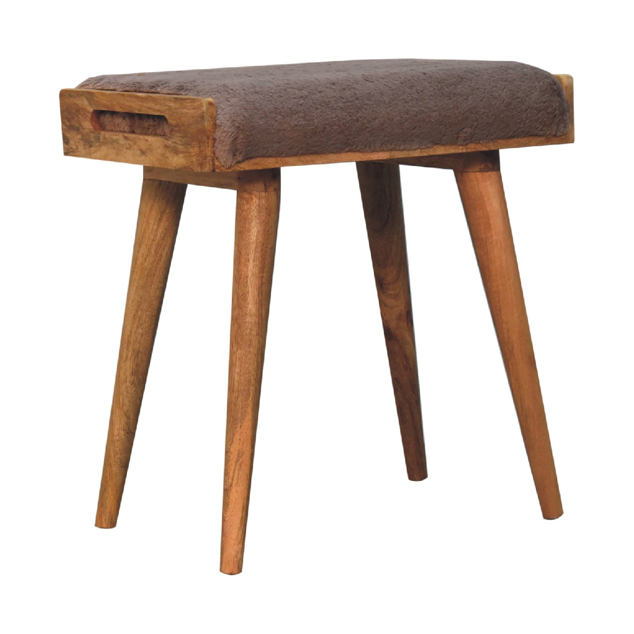 Wooden stool with upholstered brown top.