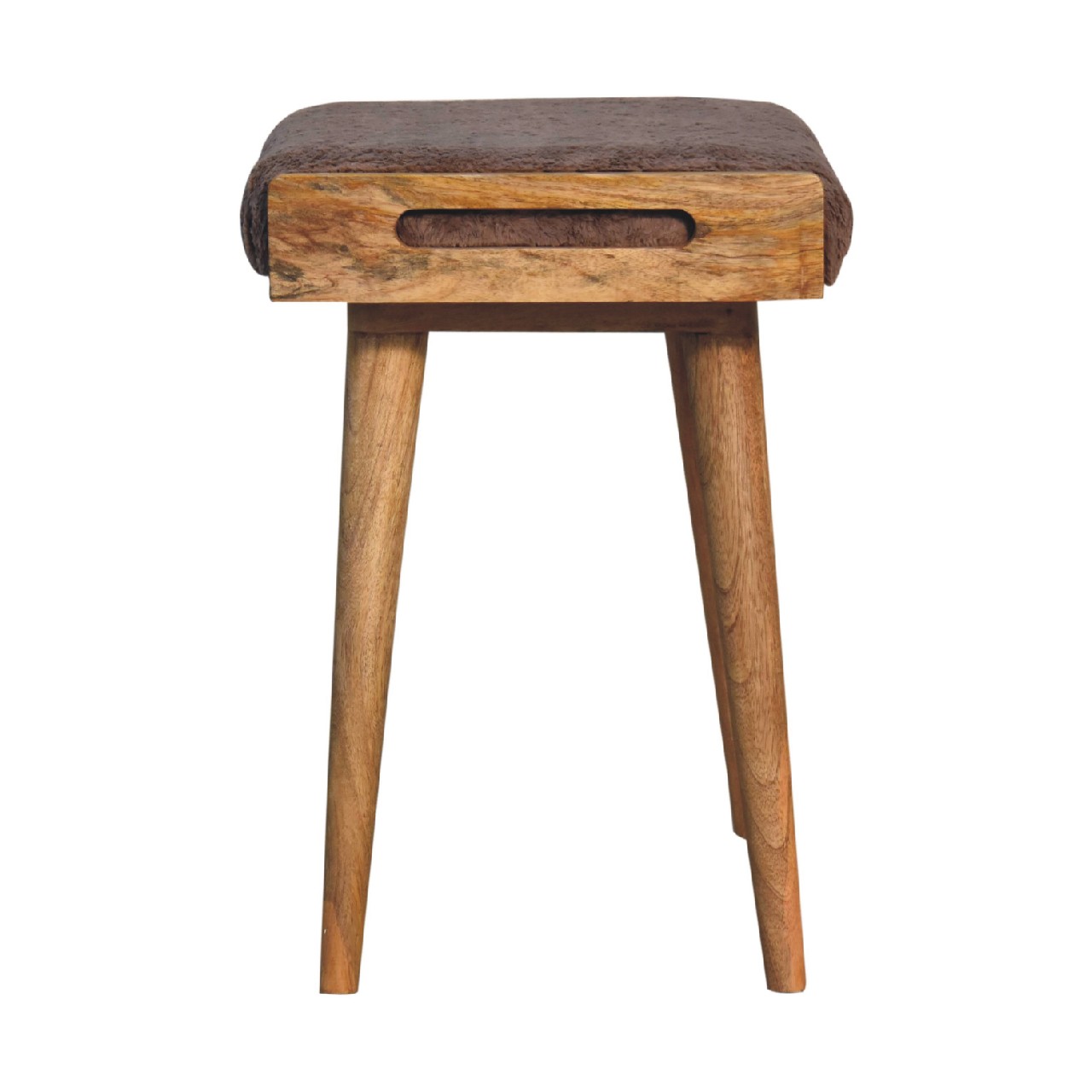 Wooden stool with angled legs on white background.