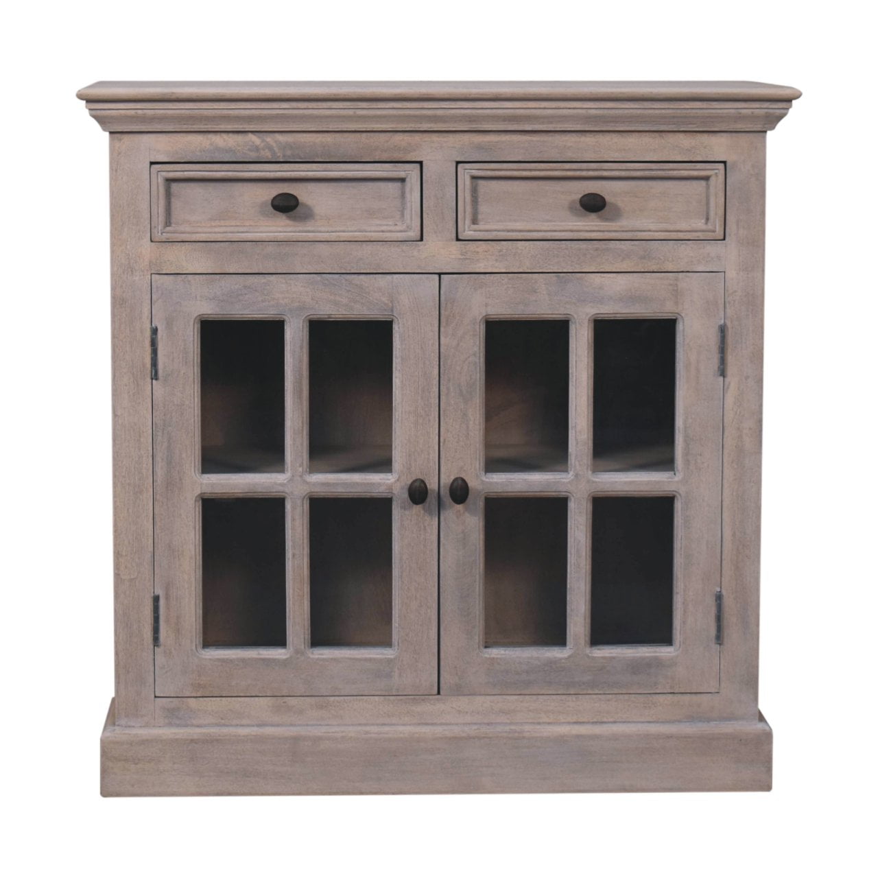 Wooden cabinet with glass doors and two drawers.