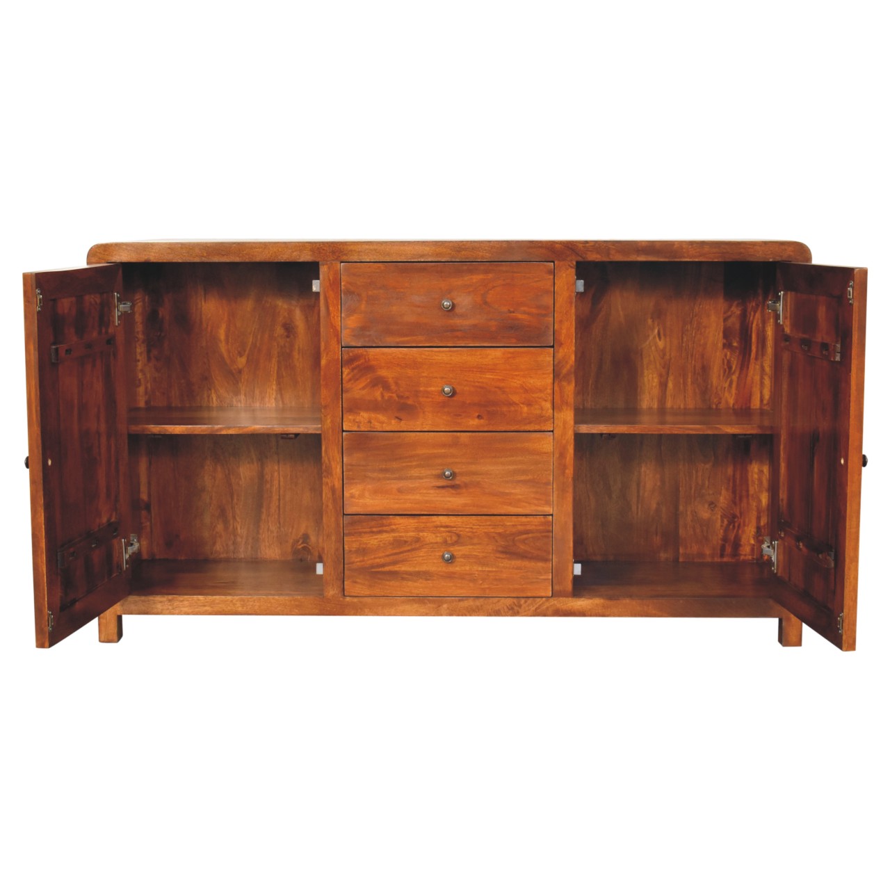 Wooden sideboard with drawers and cabinets open.