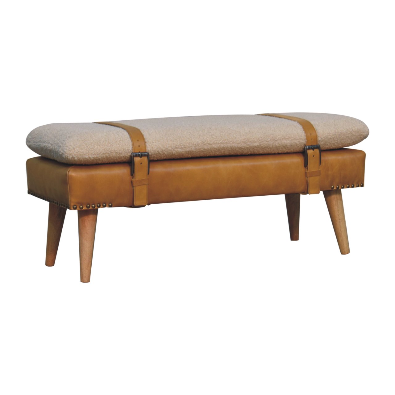 Bouclé Buffalo Hide Tan Leather Bench - Image 4