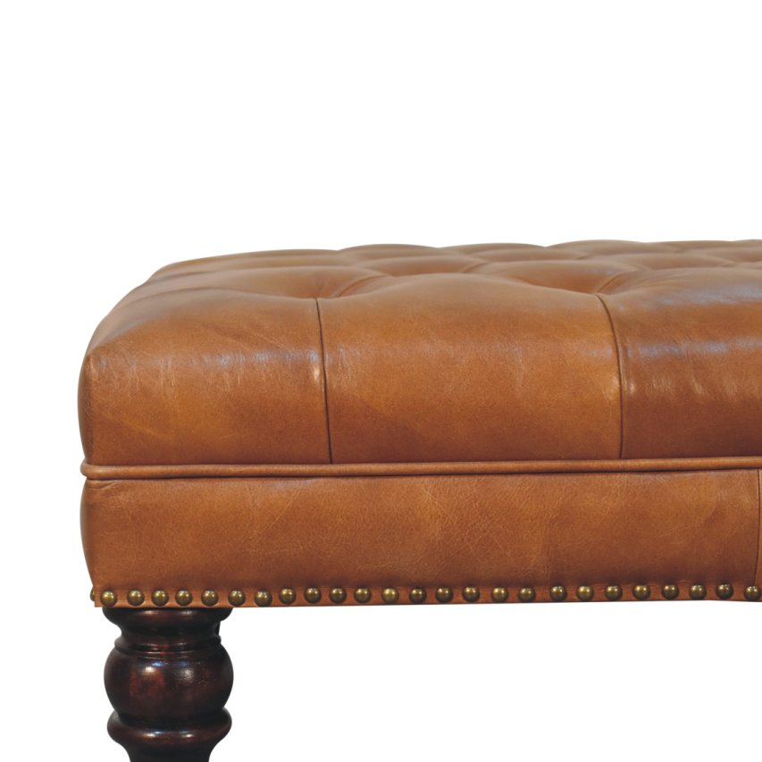 Studded Buffalo Tan Leather Ottoman with Castor Legs - Image 5