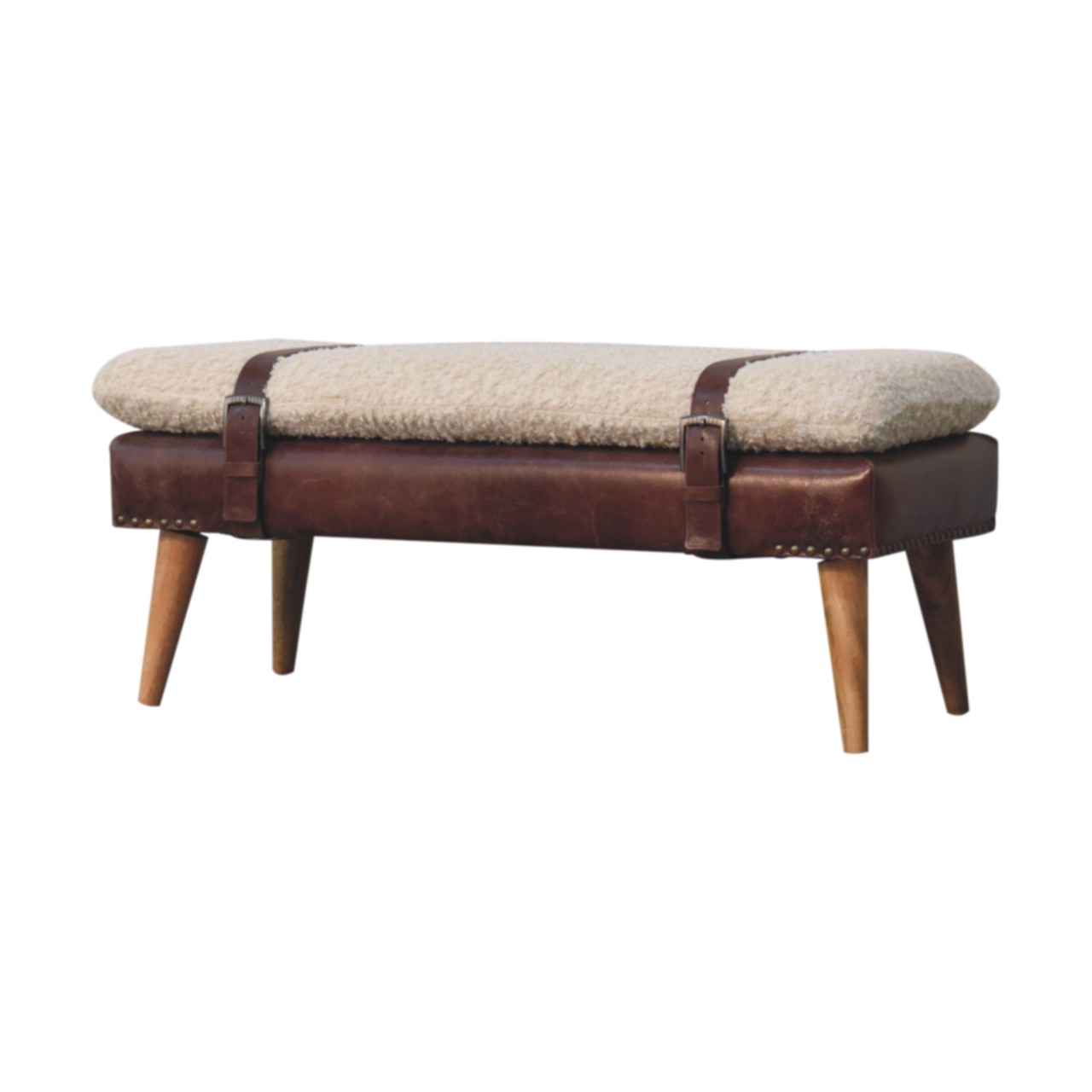 Boucle x Mahogany Leather Bench - Image 4