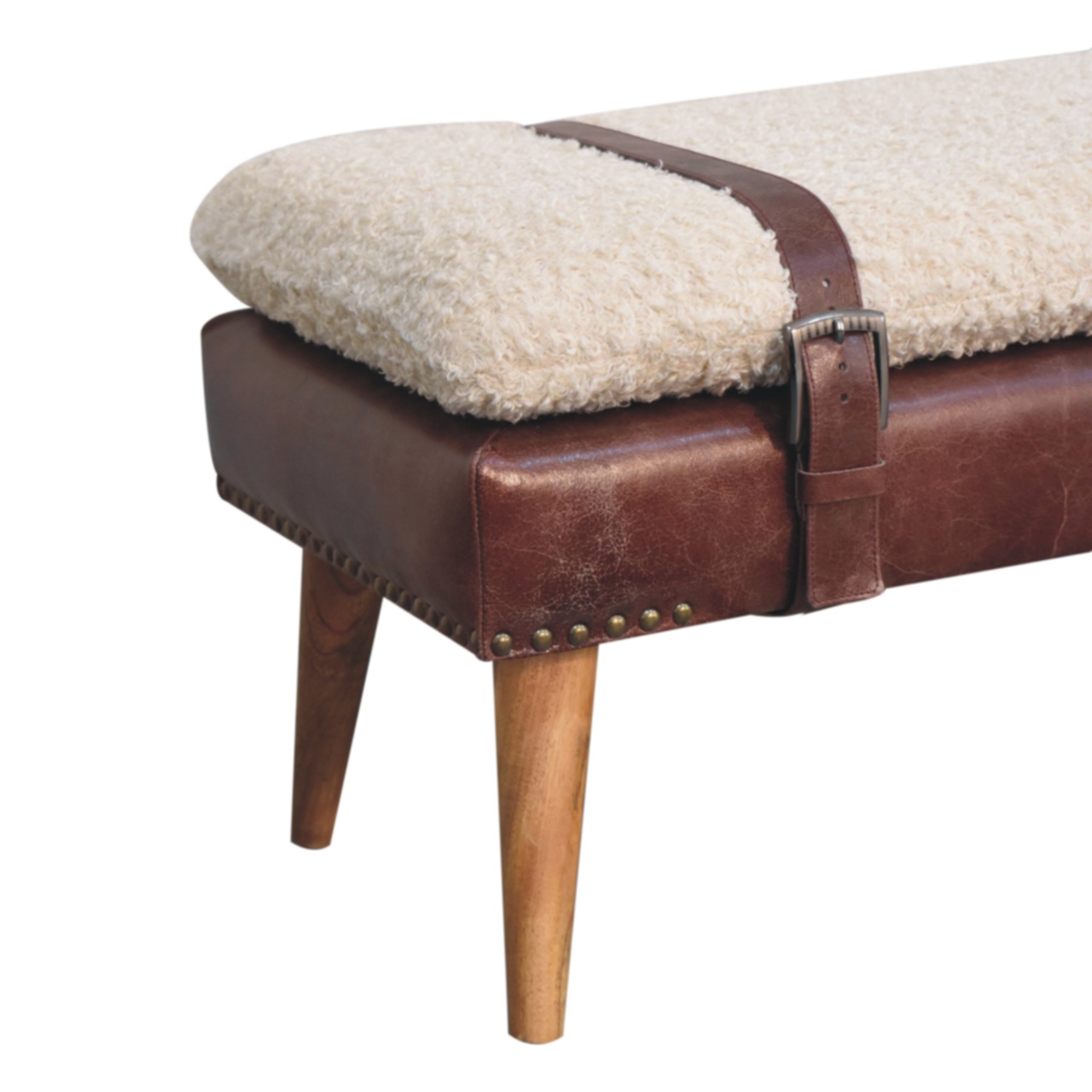 Boucle x Mahogany Leather Bench - Image 8