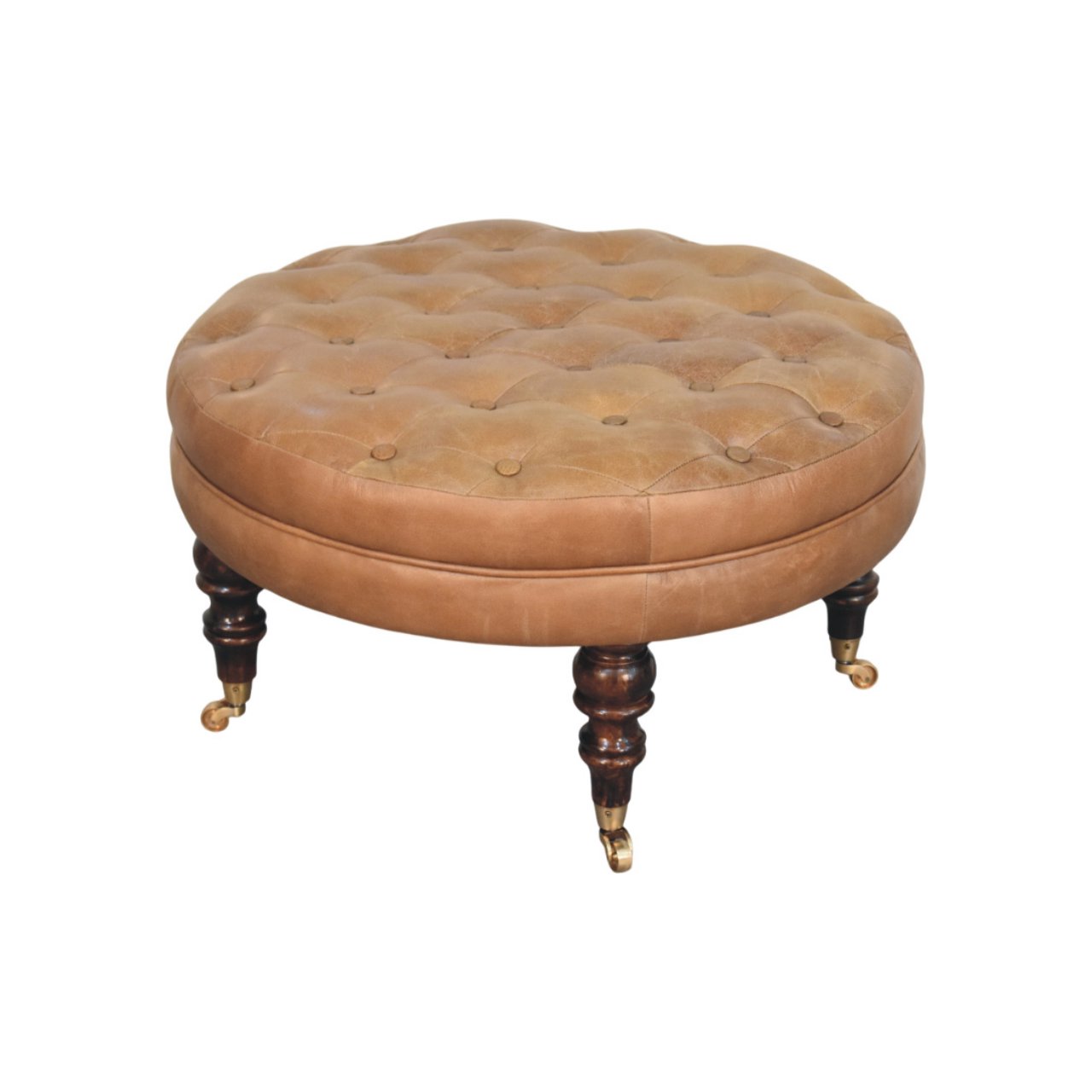 Brown Buffalo Leather Round Ottoman with Castor Legs - Image 4