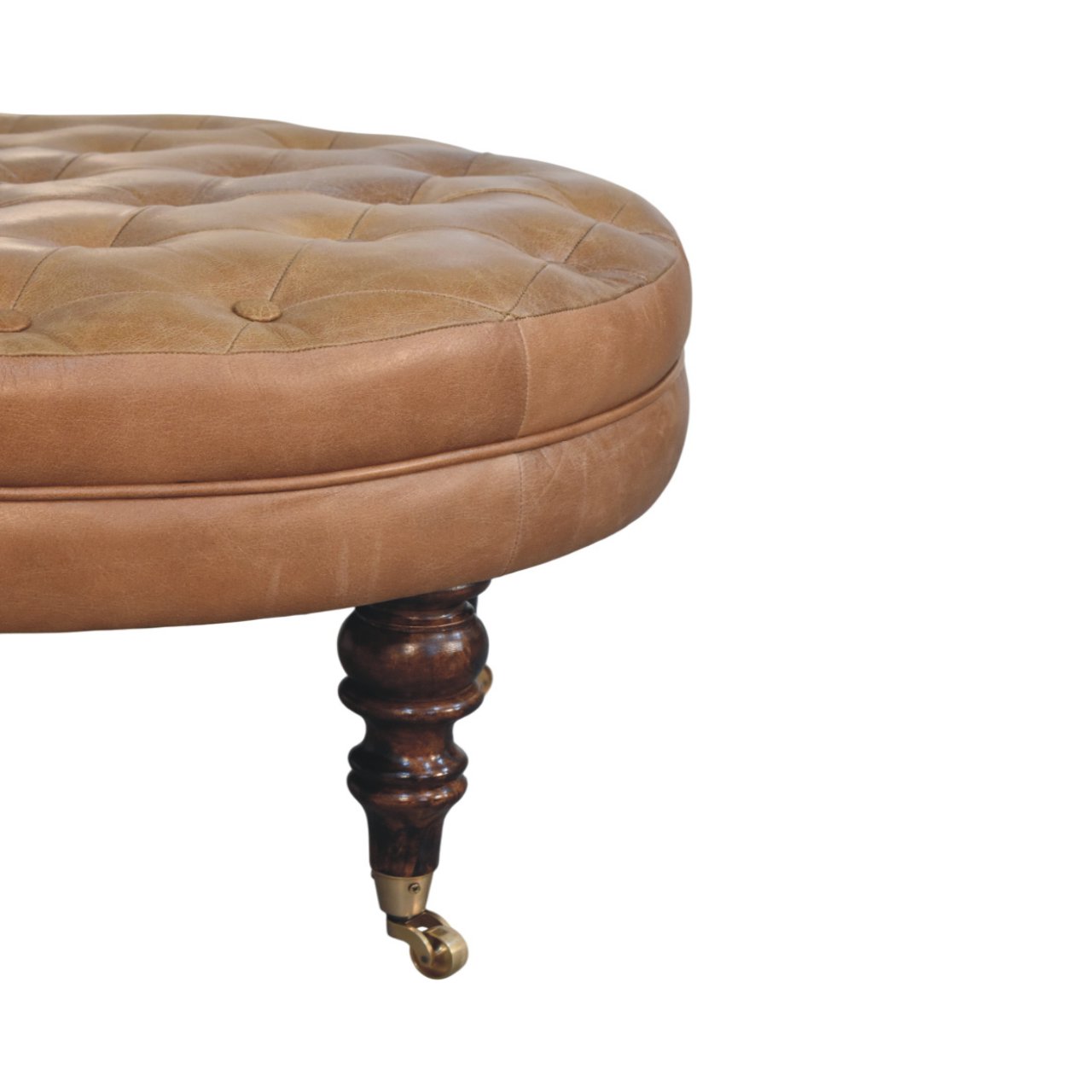 Brown Buffalo Leather Round Ottoman with Castor Legs - Image 3