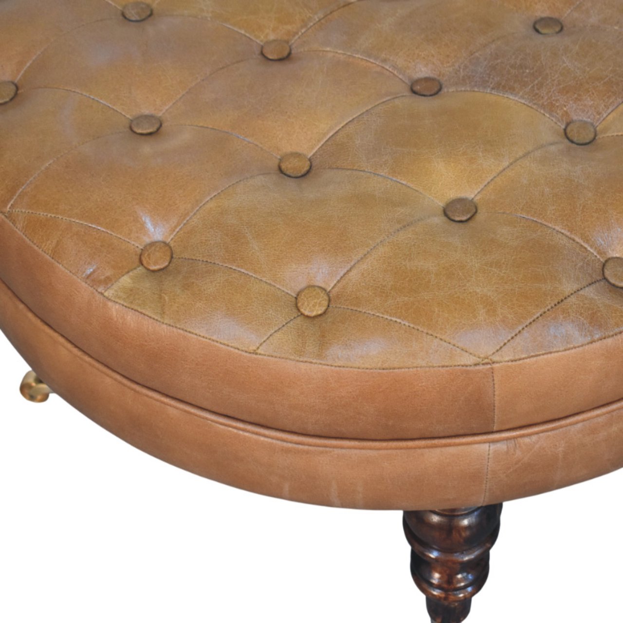 Brown Buffalo Leather Round Ottoman with Castor Legs - Image 5