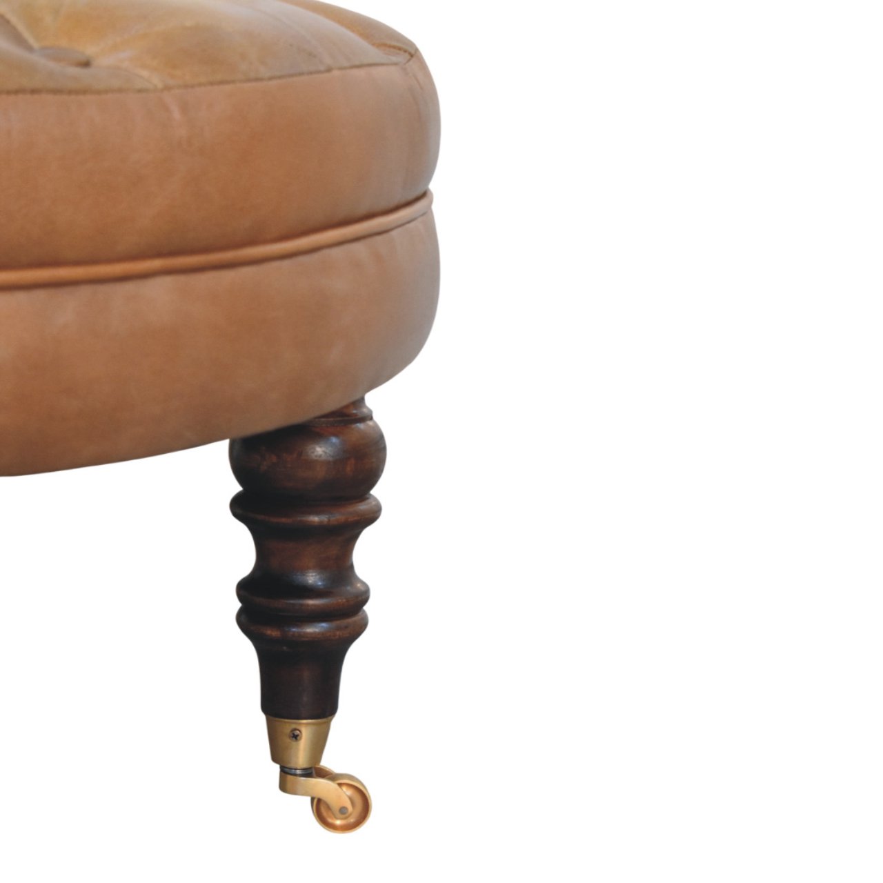 Brown Buffalo Leather Round Ottoman with Castor Legs - Image 7